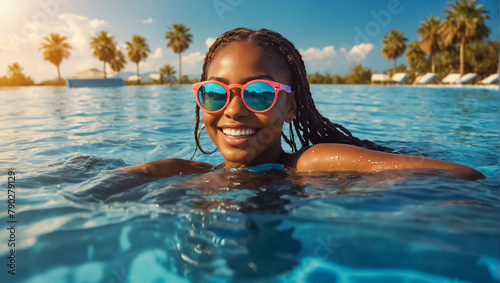 Portrait of a beautiful African American girl in the pool in summer holiday © tanya78