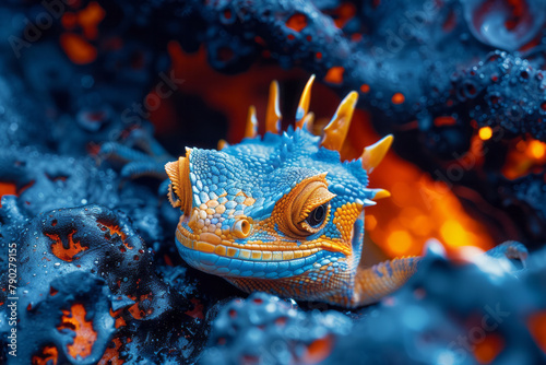 A scene of a family of water dragons playing in the volcanic vents on the ocean floor, their scales photo