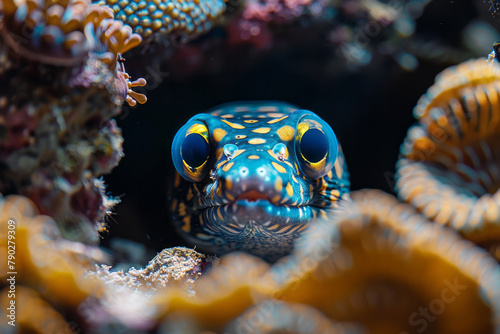 A scene of a moray eel peeking out from its rocky lair, its slick, patterned body a stark contrast t
