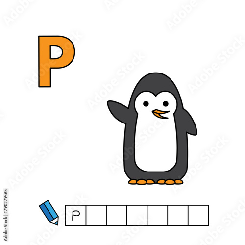 Alphabet with cute cartoon animals isolated on white background. Learning to write game for children education. Vector illustration of penguin and letter P (ID: 790279565)