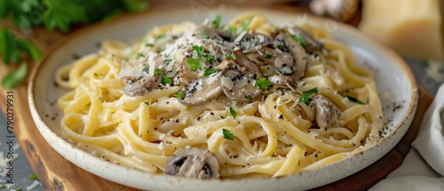 Plate of Pasta With Mushrooms and Parmesan Cheese