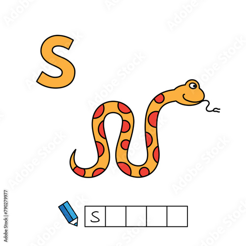 Alphabet with cute cartoon animals isolated on white background. Learning to write game for children education. Vector illustration of snake and letter S (ID: 790279977)