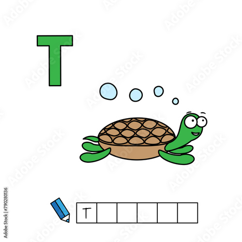 Alphabet with cute cartoon animals isolated on white background. Learning to write game for children education. Vector illustration of turtle and letter T (ID: 790280136)