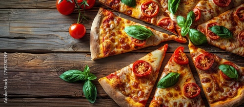 Pizza With Tomatoes and Basil on Wooden Table