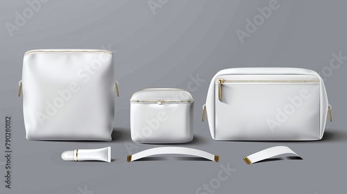Various white makeup bags with zippers for cosmetics and beauty accessories. Mockup with realistic side and angle views. Travel purse for toiletry and body care. photo