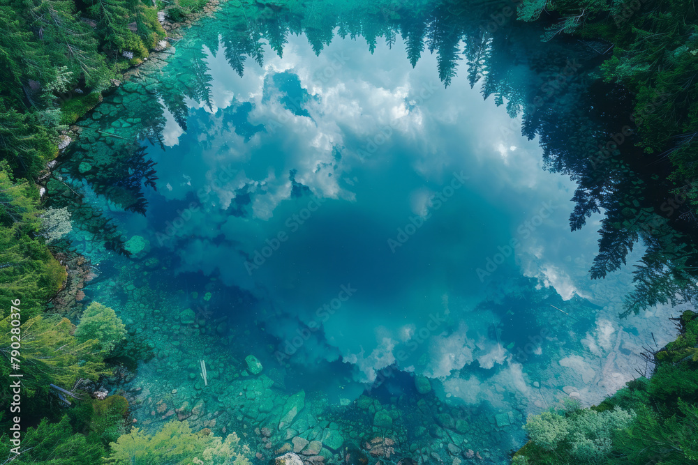 An aerial shot of a crystal-clear lake reflecting the perfect blue sky, its surface undisturbed and An aerial shot of a crystal-clear lake reflecting the perfect blue sky, its surface undisturbed and