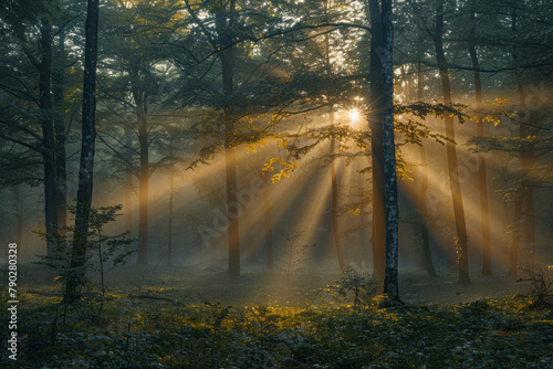 A serene dawn view over a mist-covered forest, the first rays of sunlight filtering through towering