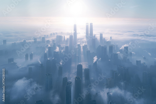An aerial shot of a city enveloped in smog, the air pollution obscuring buildings and posing a healt photo