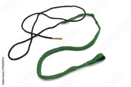 Detail of the gun barrel cleaning rope called boresnake, it is a rope that includes a nice rope to clean the inside of the barrel in a single pass. It is a light invention for quick field cleaning