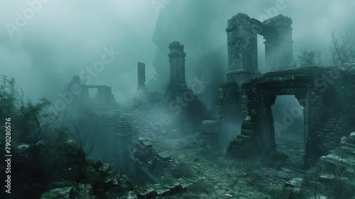 An ancient ruin on a misty mountain, with forgotten temples and overgrown paths. A mysterious fog envelops the scene, creating a sense of mystery and age. Resplendent.