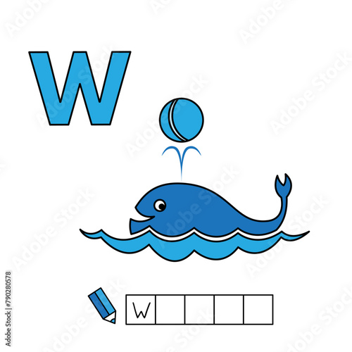 Alphabet with cute cartoon animals isolated on white background. Learning to write game for children education. Vector illustration of whale and letter W (ID: 790280578)