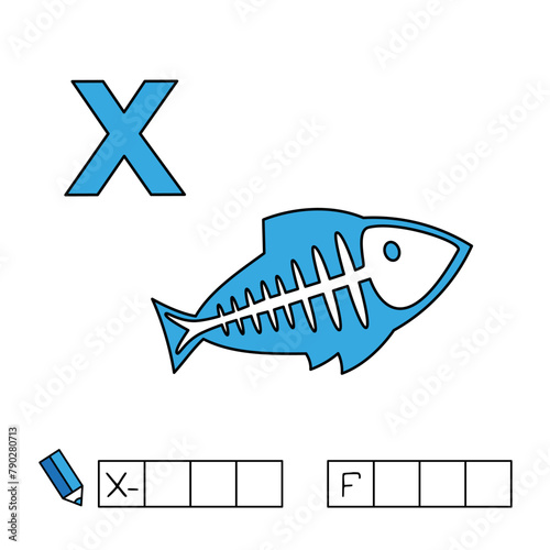 Alphabet with cute cartoon animals isolated on white background. Learning to write game for children education. Vector illustration of X-ray fish and letter X (ID: 790280713)