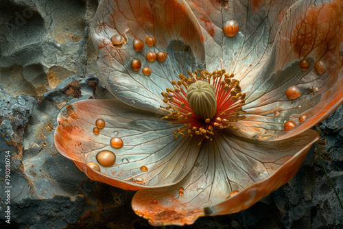 An image illustrating the rare discovery of a fossilized flower, its petals and stamens offering clu photo