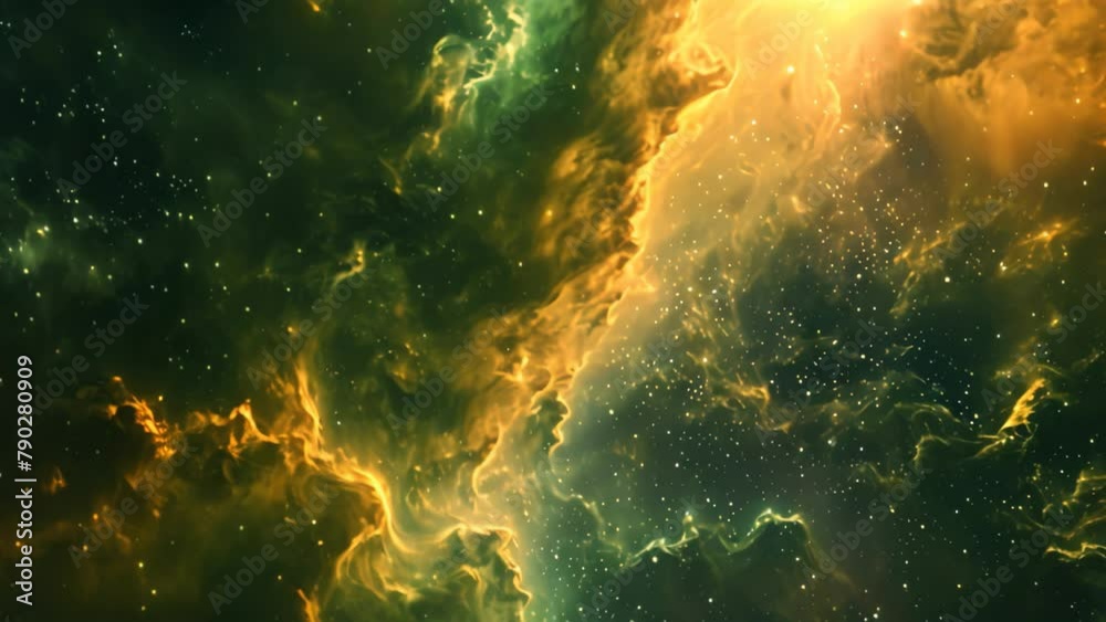 An expansive area of the universe featuring a multitude of stars and clouds, Space nebula cloud in rich hues of greens and oranges