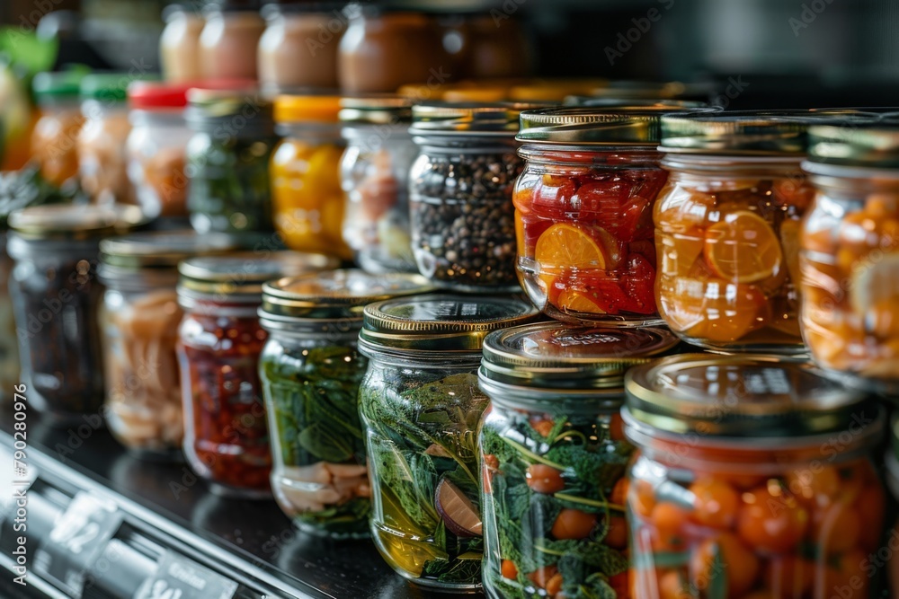 Various jars of pickled and fermented foods aligned neatly on supermarket shelves, showcasing a range of preserved organic goods. Various jars of pickled and fermented foods aligned neatly on supermarket shelves, showcasing a range of preserved organic goods.