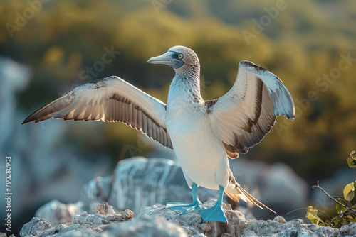 An image of a blue-footed booby performing its mating dance on a rocky island, captivating with its