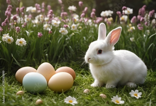Generative AI illustration of cute Easter bunny, eggs on spring green background, flowers