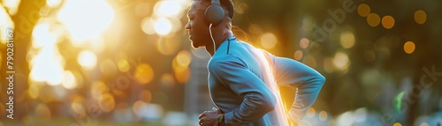 A man in his late thirties, black male with short hair and headphones on running outside holding their back as it is being ag yielding from sciatica pain The background should be an advertising style photo