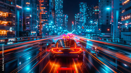 A sleek black sports car speeds through a futuristic city at night, leaving a trail of light behind it.
