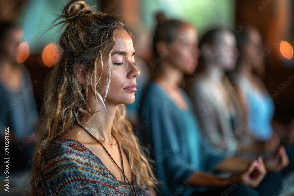 A serene woman with closed eyes, enjoying a moment of peace at a wellness workshop in a brightly lit environment.