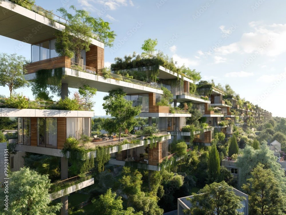 A row of houses with green roofs and trees growing on them. The houses are tall and have balconies. Concept of harmony between nature and architecture, as well as a peaceful and serene atmosphere