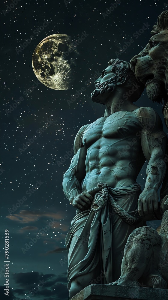 Greek Muscular Man Statue and Noble Lion Statue, Majestic and Regal, Stoic Figure Standing Beside a Powerful Lion, Starlit Night Sky as Backdrop, Moonlight Casting Ethereal Glow, Outdoor Setting, Grav