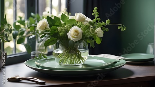 A photorealistic image of a bouquet placed on a green-white plate, positioned atop a dark counter. The scene includes a leafy plant placed beside the plate, creating a natural and elegant setting. photo
