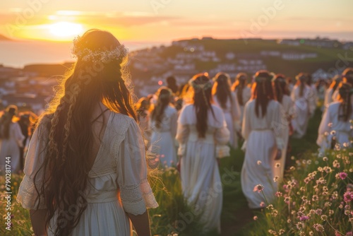 Women in white dresses with floral headpieces at dusk, ceremonial procession. photo