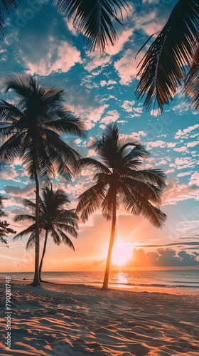 Sun, beach, coconut trees, sunset, 8K, highdefinition ,43. © Cheetose