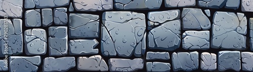 Topdown view of a flat, grey cobblestone wall texture in the style of a 2D vector cartoon, with high resolution and isolated on a white background. photo