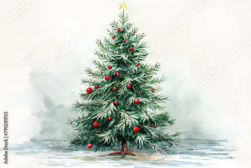Elegant watercolor painting of a classic Christmas tree  detailed pine needles and decorations  with a prominent white bottom part for writing greetings  copy space