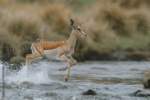 An image of a fleet-footed antelope leaping gracefully over a small stream in the savannah, its agil photo
