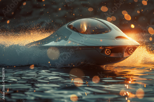 An image of a futuristic hydrofoil skimming over the water, its design reducing drag for high-speed photo