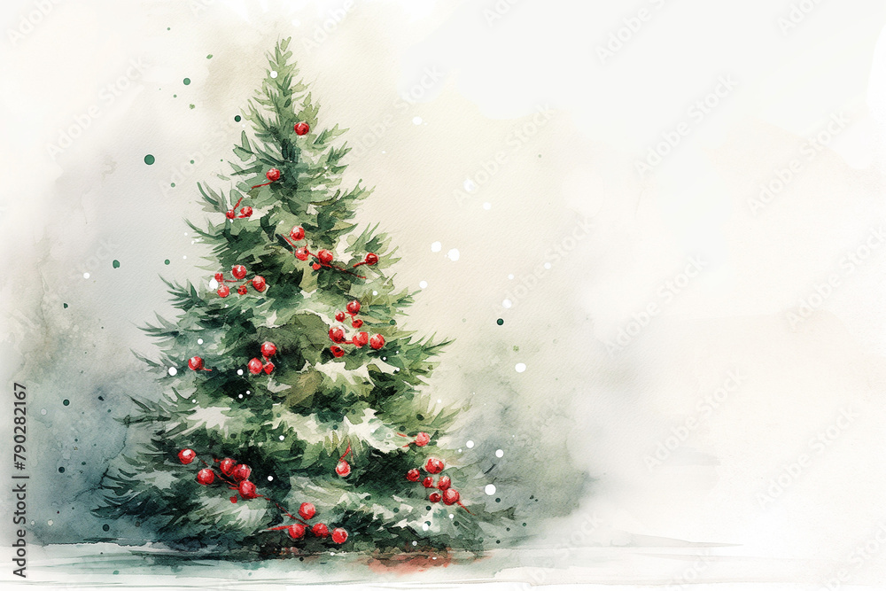 Elegant watercolor painting of a classic Christmas tree, detailed pine needles and decorations, with a prominent white bottom part for writing greetings