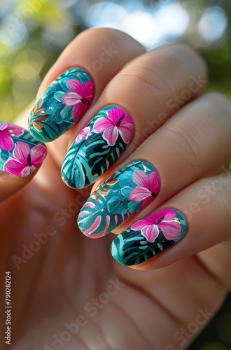 Womans Hand With Green and Pink Manicure