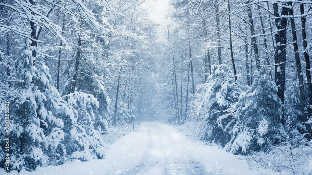 Fototapeta premium Winter wonderland scene, snow gently falling over a quiet forest, trees covered in a thick layer of snow, serene and tranquil