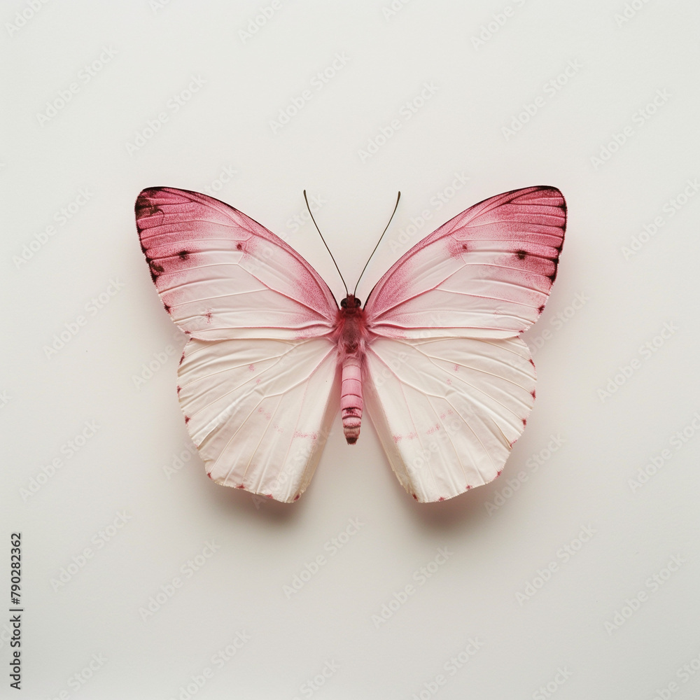 Fototapeta premium Minimalist art, single pink butterfly against a plain white background, focus on simplicity and the beauty of its form and color