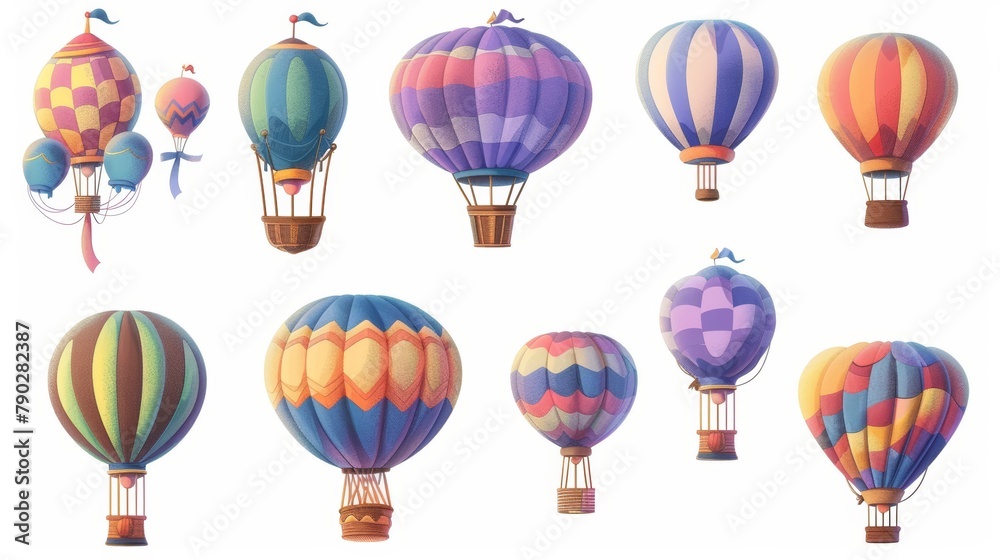 Set of cartoon hot air balloons isolated on white background. Modern illustration of colorful fantasy aerostats with baskets flying high in the sky. Magic fairy tale transport. Adventure design