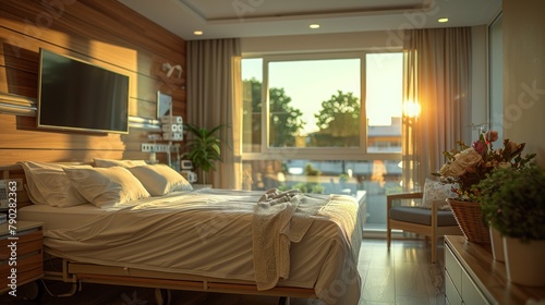 Neatly Made Bed and Flat Screen TV in Bedroom