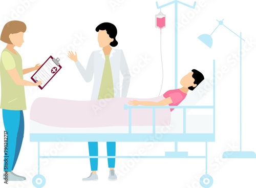 Medical clinic. The nurse writes down the doctor's recommendations near the bedridden patient. Doctors and nurses.