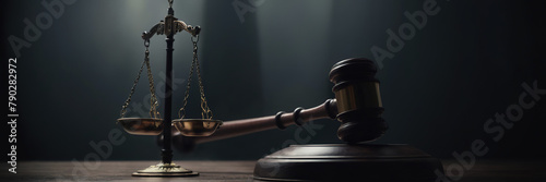 nternational human rights day concept: Wooden judge gavel with scales on the library, Gold brass balance scale, weight balance, imbalance scale wooden desks, Law and Justice concept photo