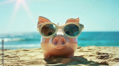 Piggy Bank Wearing Sunglasses at Beach © PiBu Stock