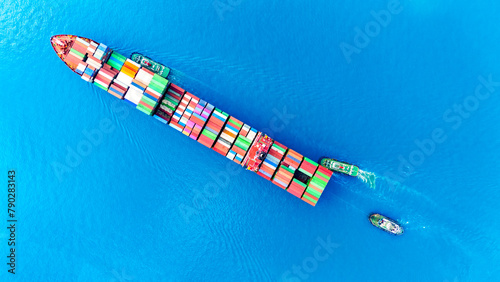 Top view of International Container ship loading, unloading at sea port, Freight Transportation, Shipping,  Vessel. Logistics, import export, Transportation. Global transport business.