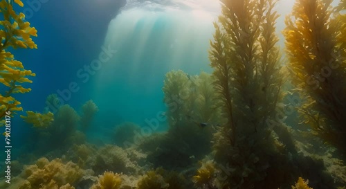 Explore the vibrant underwater world of a dense kelp forest populated by a diverse array of marine plants and animals An underwater forest of towering kelp filled with seahorses