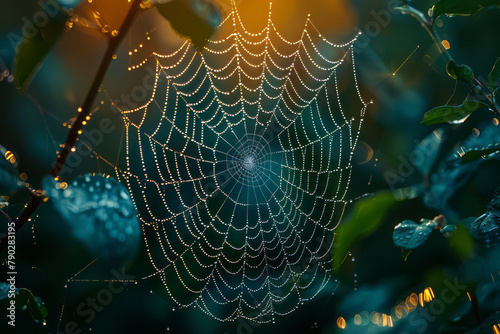 An image of a spider web heavy with dew, the water droplets reflecting the early morning light and c © Natalia