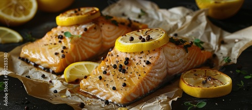 Two Salmon Fillets on Wax Paper With Lemons