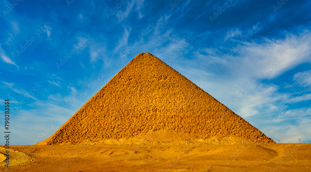 Red Pyramid is one of the greatest accomplishments in pyramid building as a first true pyramid by the Pharoah Snefuru seen in a spectacular wide angle view at the Dahshur necropolis 