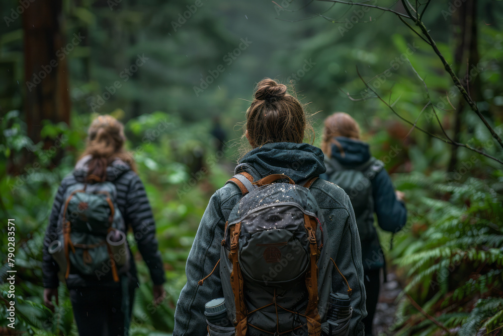 An image of a women's group engaged in a guided nature walk, connecting with the environment for phy