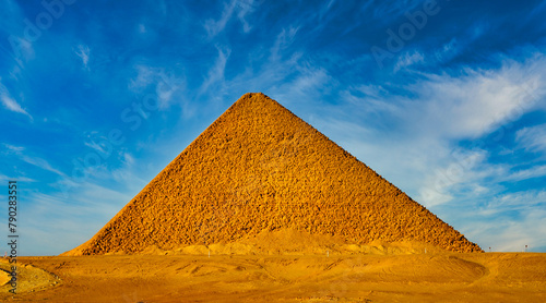 Red Pyramid is one of the greatest accomplishments in pyramid building as a first true pyramid by the Pharoah Snefuru seen in a spectacular wide angle view at the Dahshur necropolis 