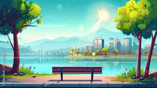 Vacant tropical urban embankment with mountain skyline with city park bench on street. Modern urban landscape with city park bench, downtown building, river, and resort. photo